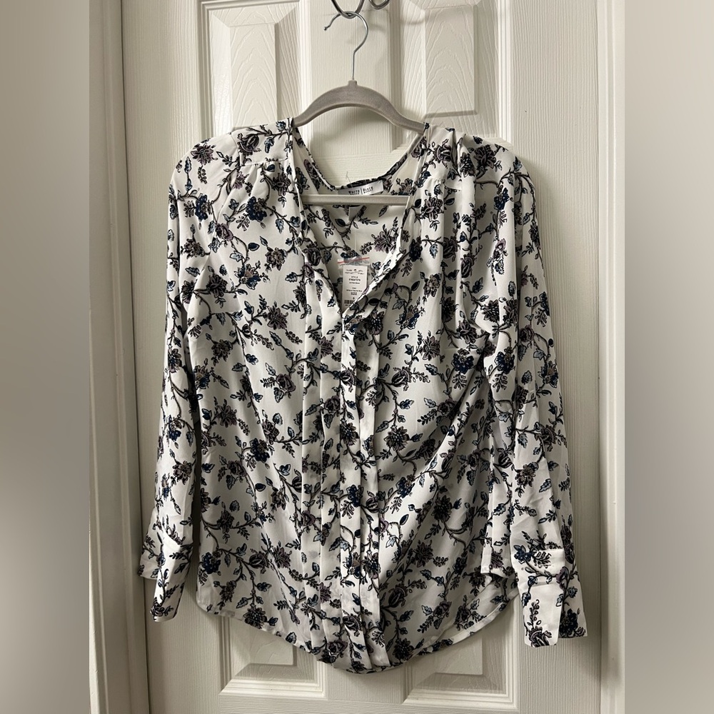 White House Black Market Black and White Long Sleeve Blouse